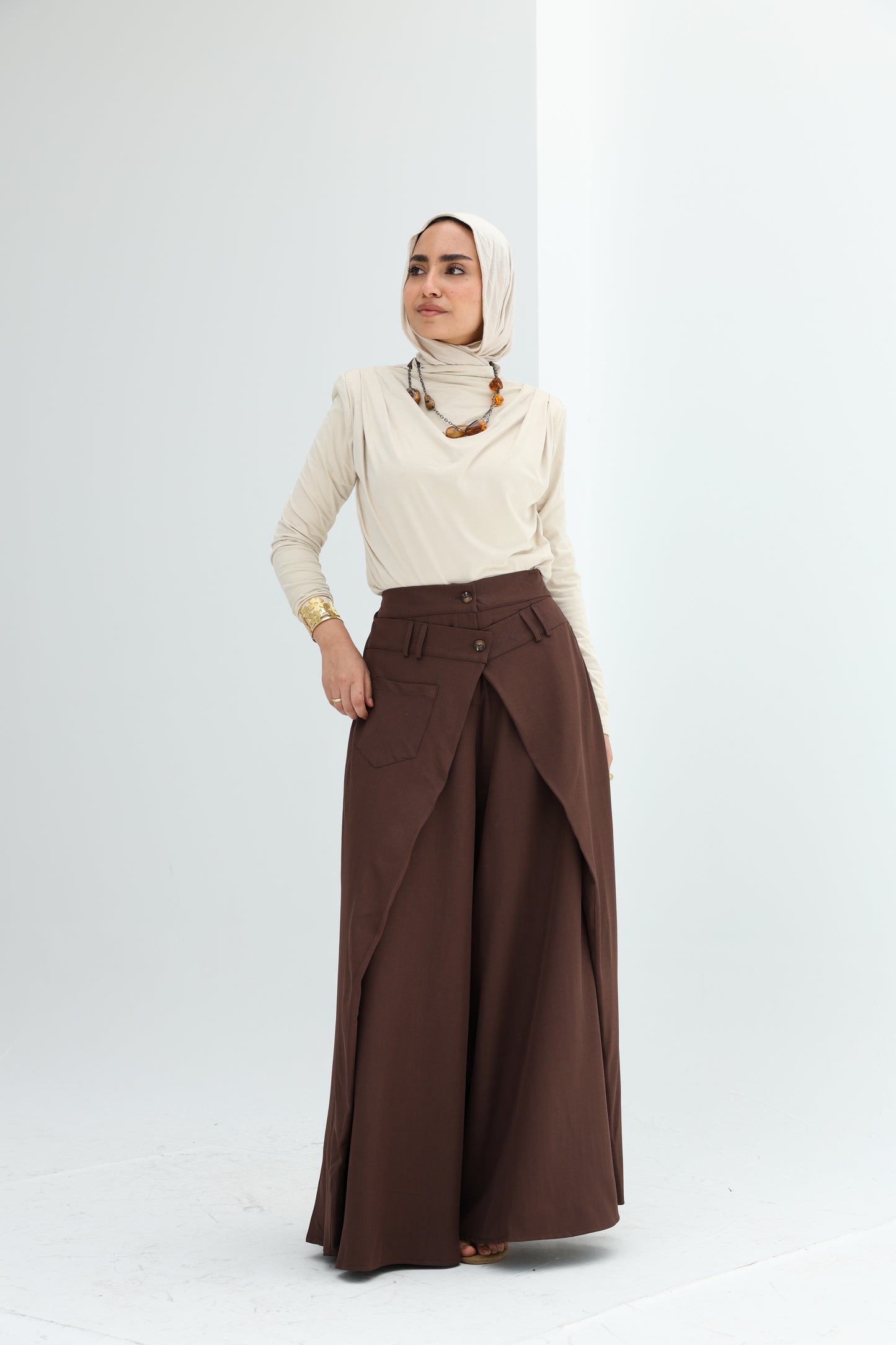 WRAP WIDE LEG PANTS - BROWN