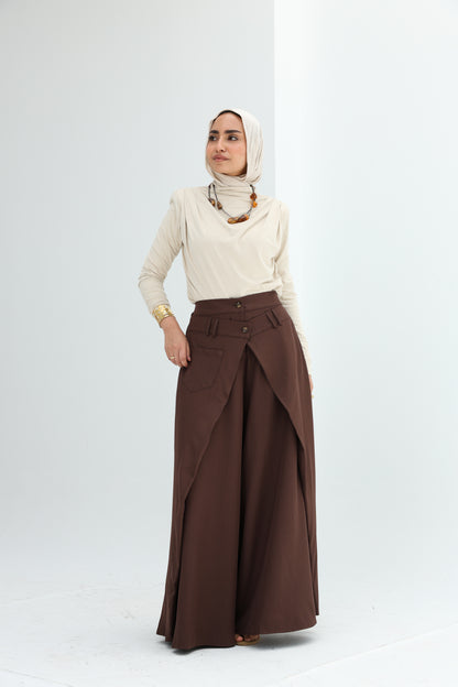 WRAP WIDE LEG PANTS - BROWN