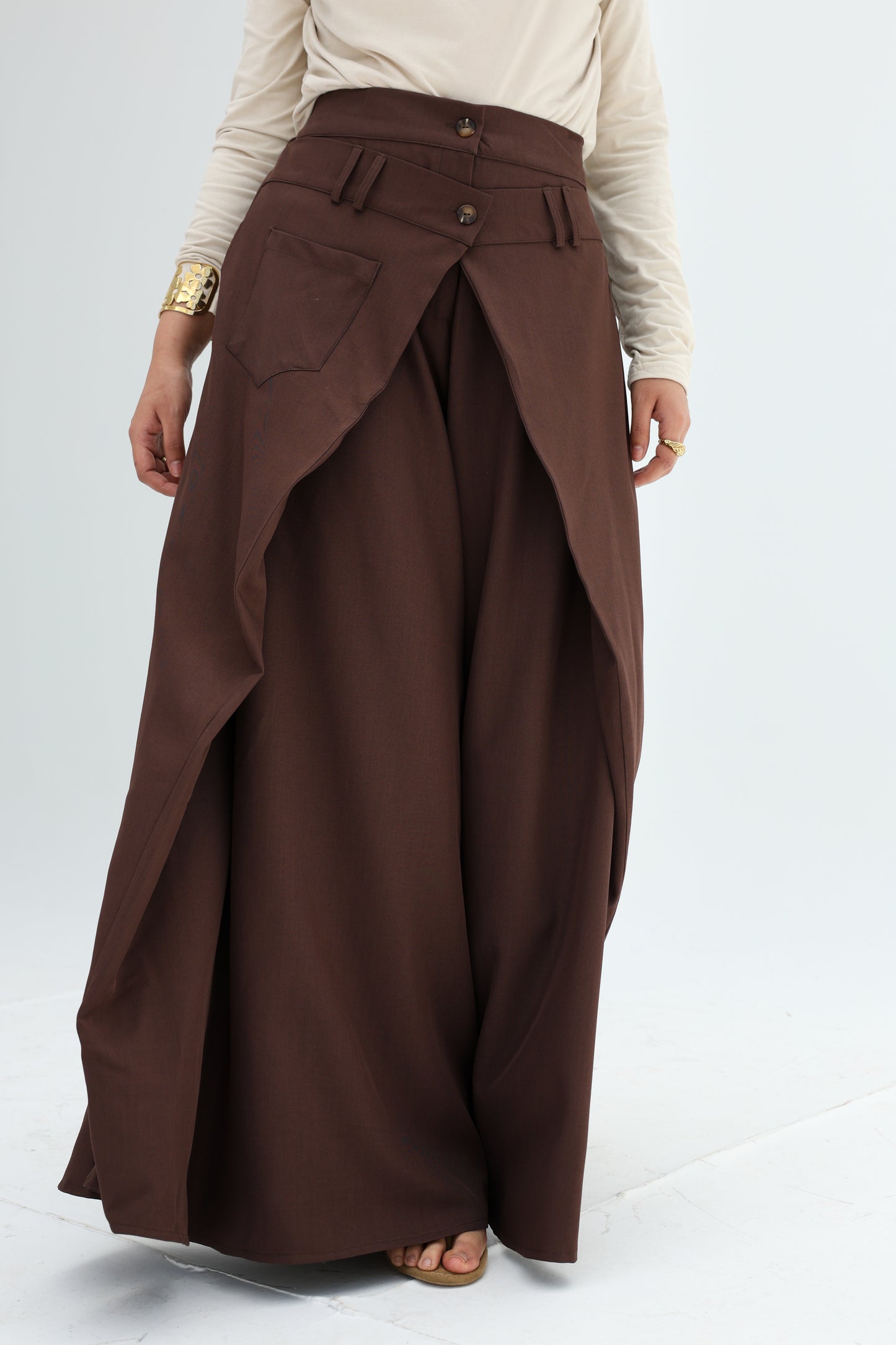 WRAP WIDE LEG PANTS - BROWN