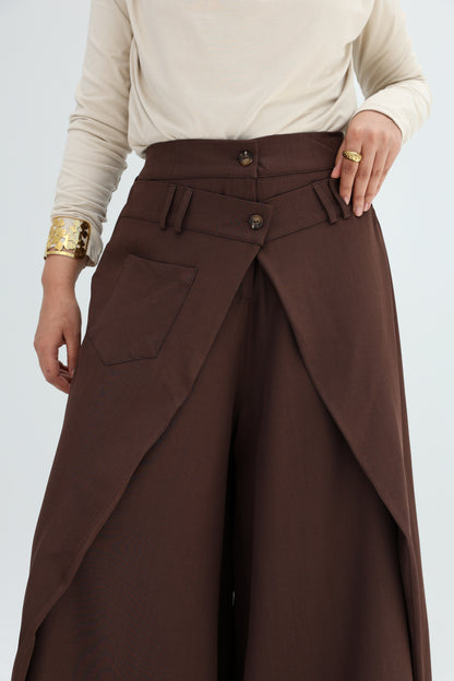 WRAP WIDE LEG PANTS - BROWN