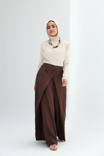 WRAP WIDE LEG PANTS - BROWN