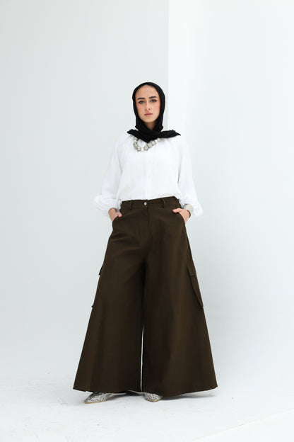 GABARDENE WIDE LEG PANTS - OLIVE
