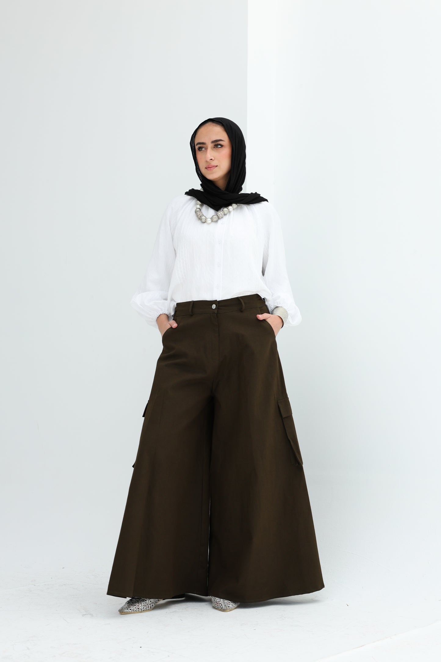 GABARDENE WIDE LEG PANTS - OLIVE