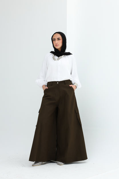 GABARDENE WIDE LEG PANTS - OLIVE