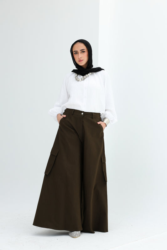 GABARDENE WIDE LEG PANTS - OLIVE