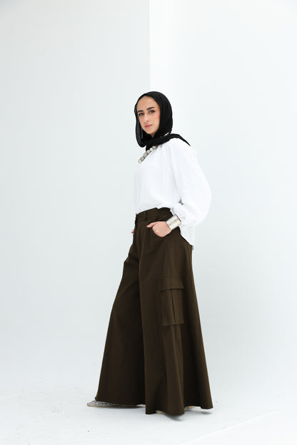 GABARDENE WIDE LEG PANTS - OLIVE