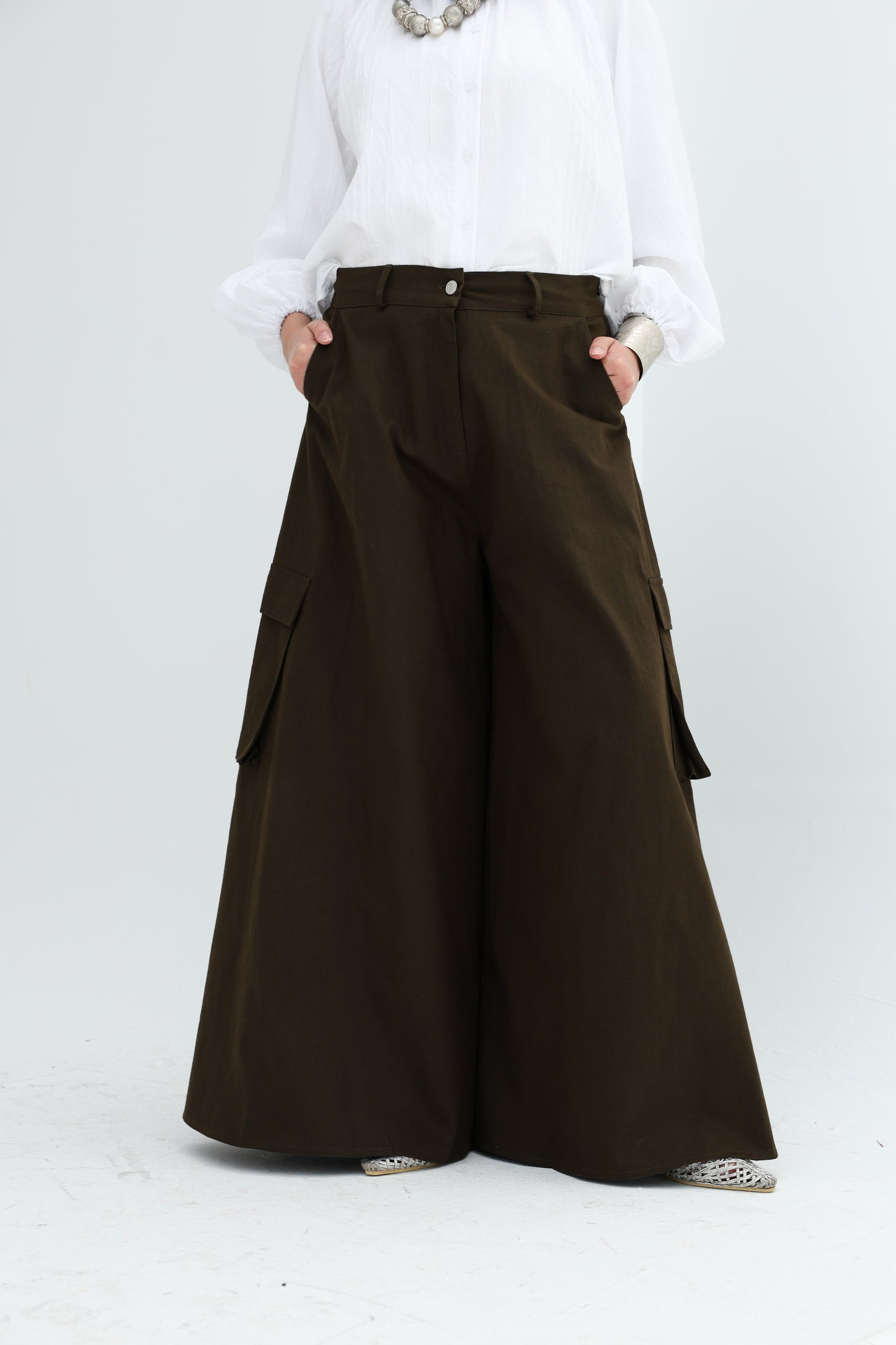 GABARDENE WIDE LEG PANTS - OLIVE