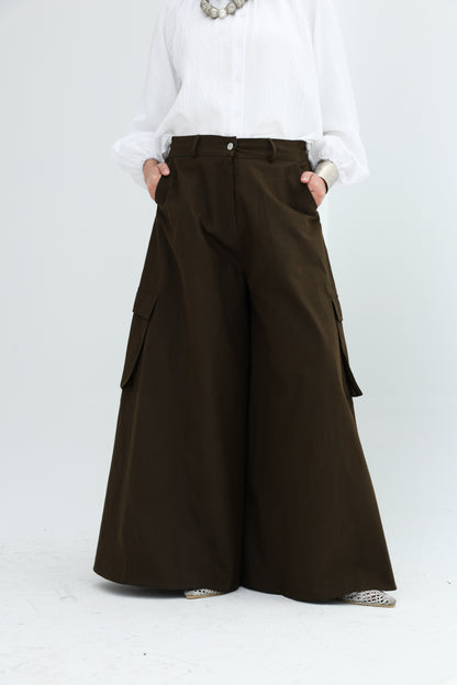 GABARDENE WIDE LEG PANTS - OLIVE