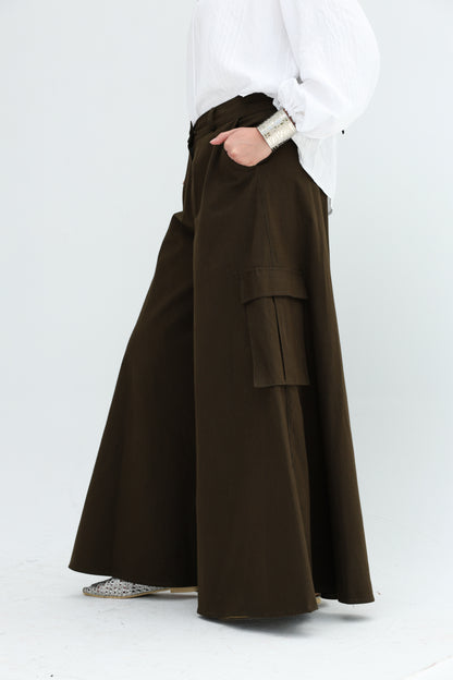 GABARDENE WIDE LEG PANTS - OLIVE