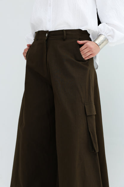 GABARDENE WIDE LEG PANTS - OLIVE