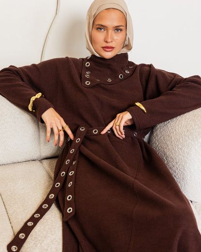 ASYMMETRIC EYELITE DRESS - BROWN