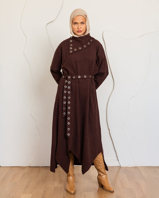 ASYMMETRIC EYELITE DRESS - BROWN