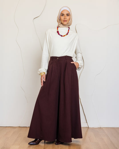 CLASSIC STRIPPED WIDE LEG PANTS-BURGANDY