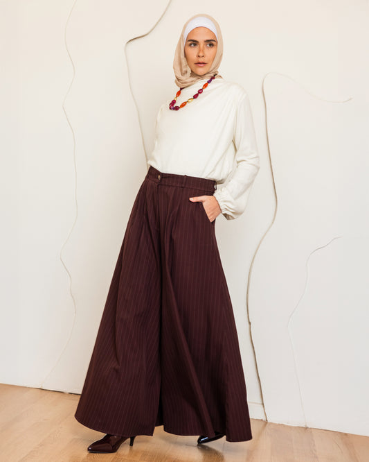 CLASSIC STRIPPED WIDE LEG PANTS-BURGANDY