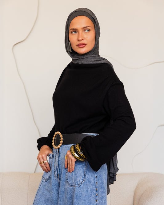 DRAPED WOOL TOP - BLACK