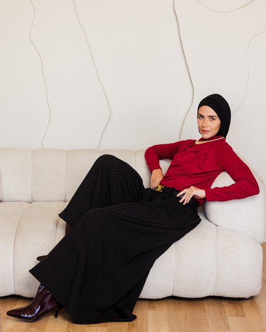 CLASSIC STRIPPED WIDE LEG PANTS-BLACK