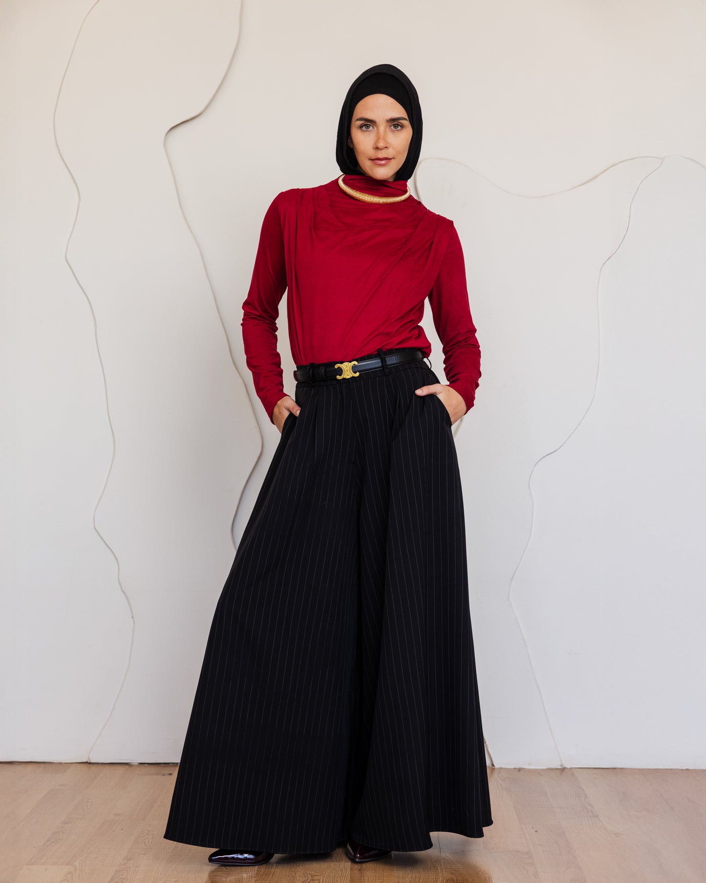 CLASSIC STRIPPED WIDE LEG PANTS-BLACK