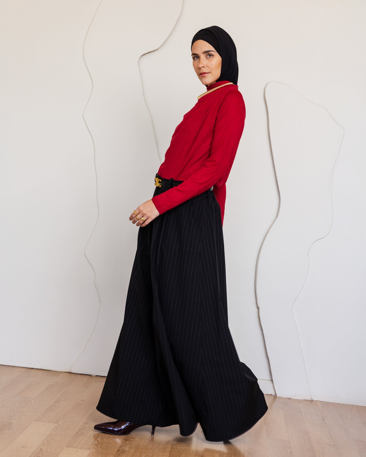 CLASSIC STRIPPED WIDE LEG PANTS-BLACK