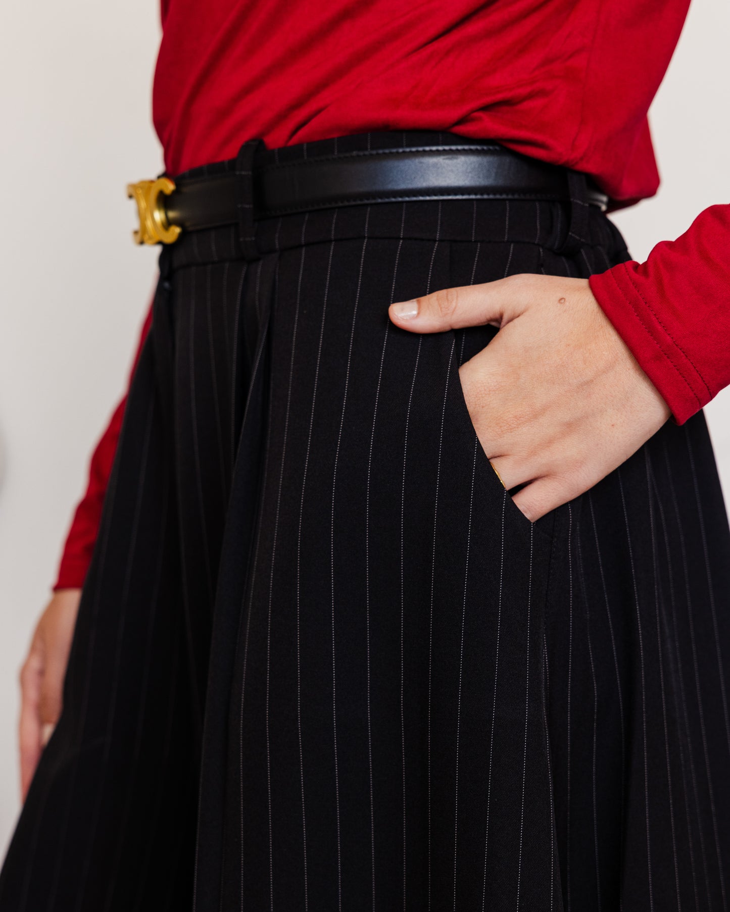 CLASSIC STRIPPED WIDE LEG PANTS-BLACK