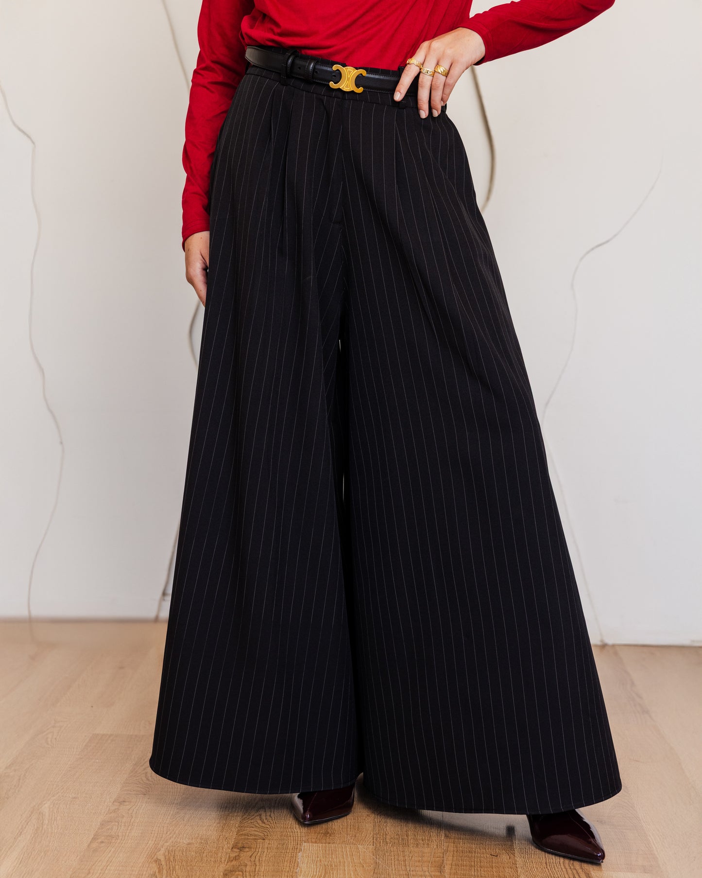 CLASSIC STRIPPED WIDE LEG PANTS-BLACK