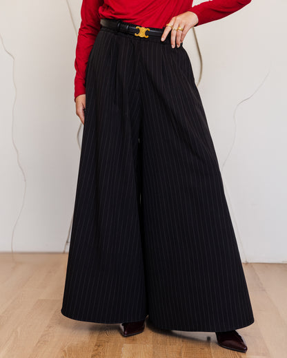 CLASSIC STRIPPED WIDE LEG PANTS-BLACK