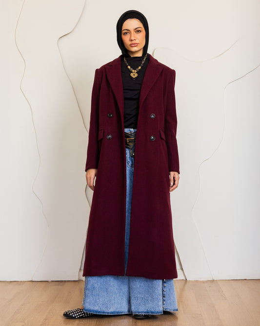 DOUBLE BREASTED LONG COAT WITH SHOULDER PADS