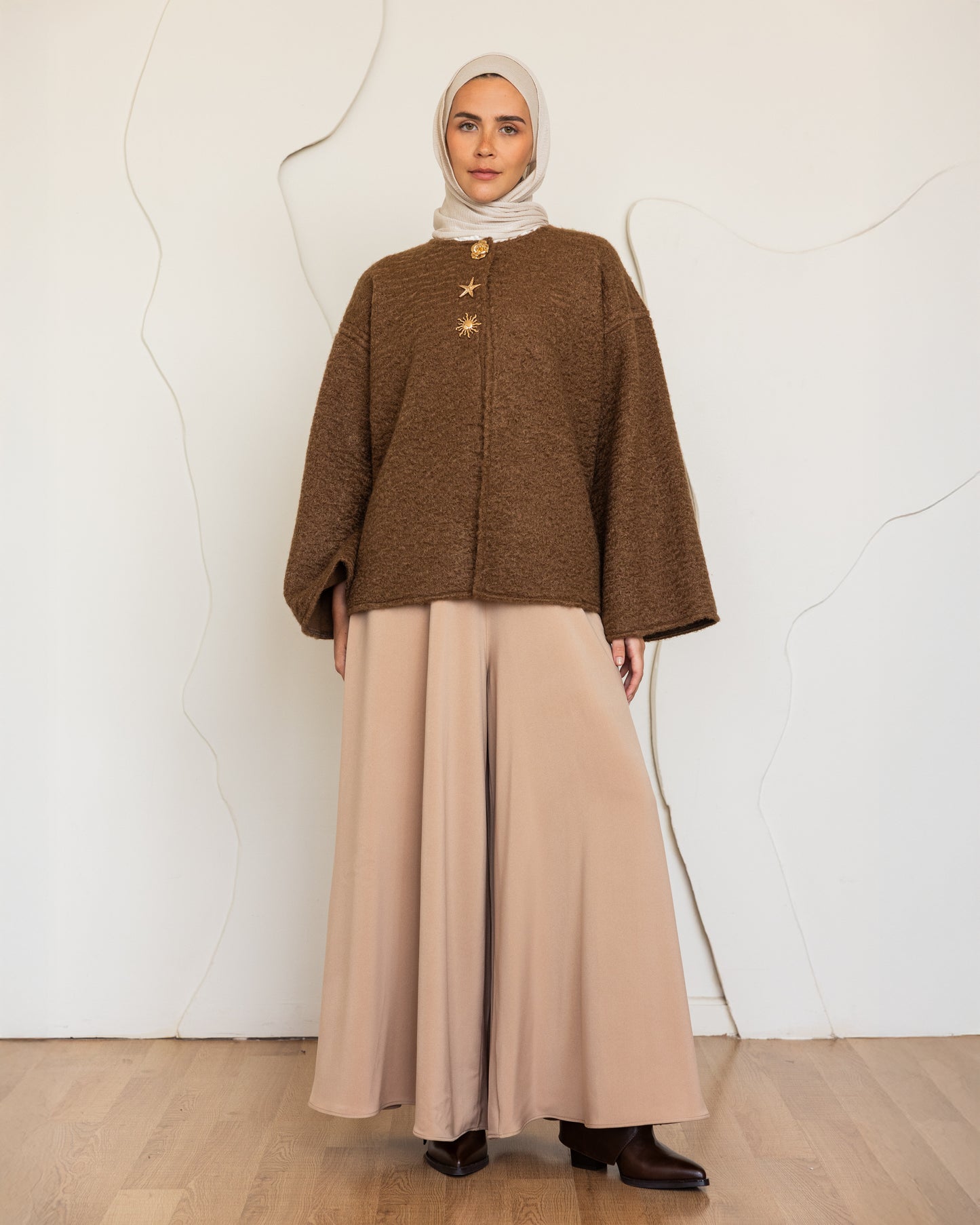 SUEDE CREPE WIDE LEG PANTS - CAFE