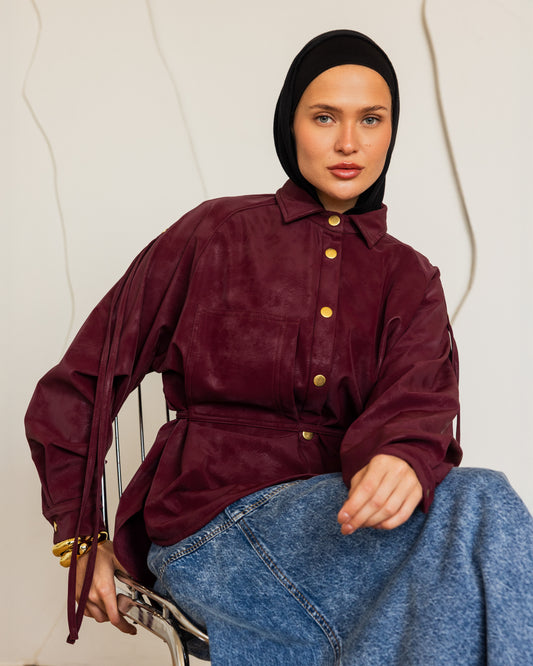 SUEDE EFFECT LEATHER SHIRT - BURGANDY