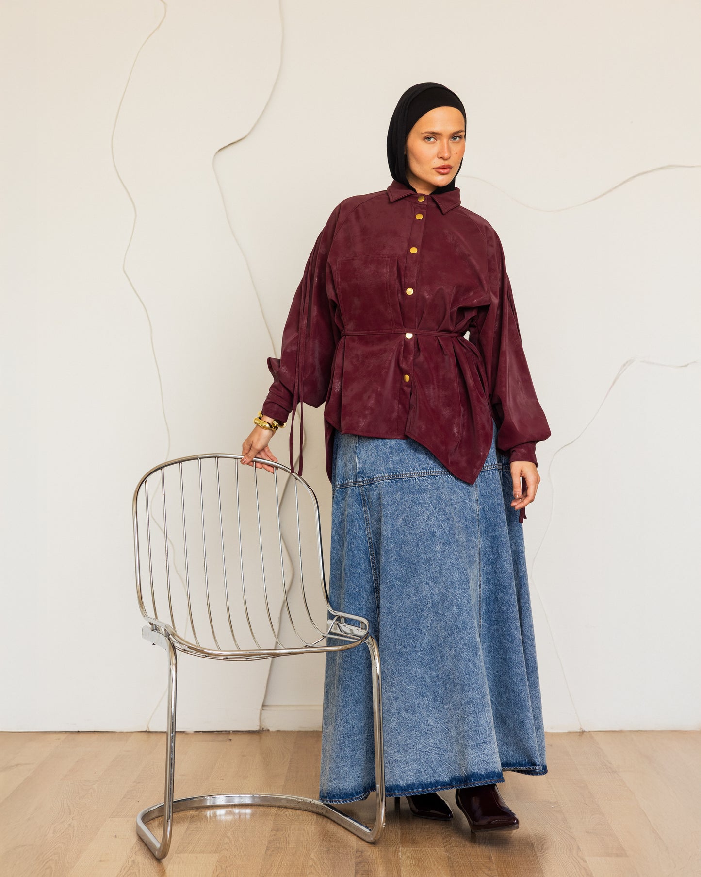 SUEDE EFFECT LEATHER SHIRT - BURGANDY