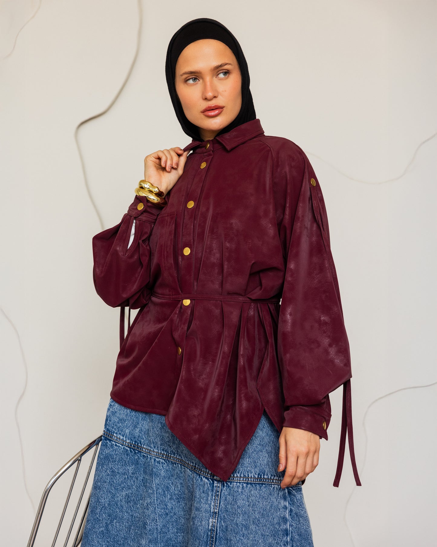 SUEDE EFFECT LEATHER SHIRT - BURGANDY