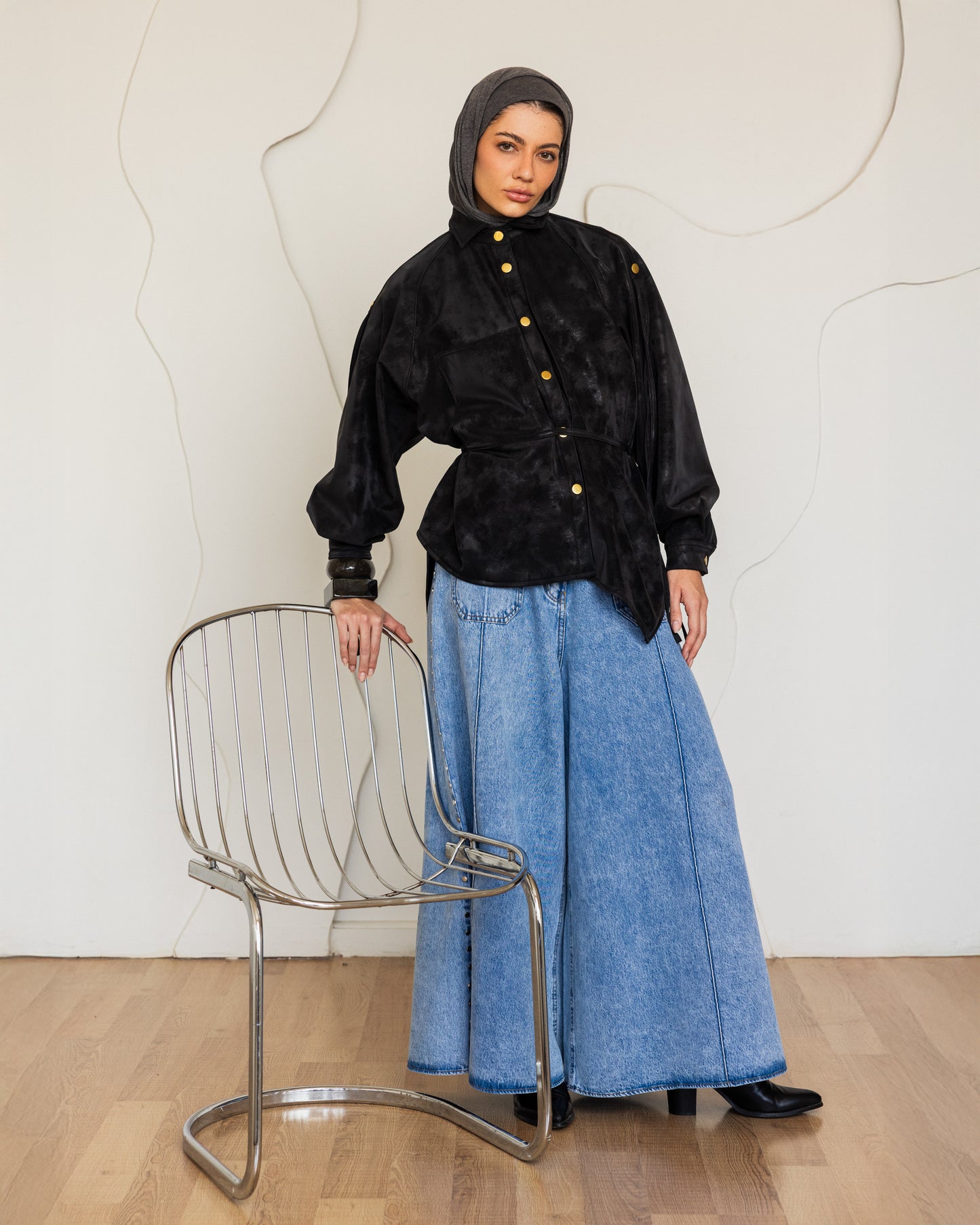 SUEDE EFFECT LEATHER SHIRT - BLACK