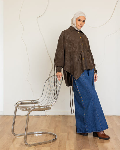 SUEDE EFFECT LEATHER SHIRT - BROWN