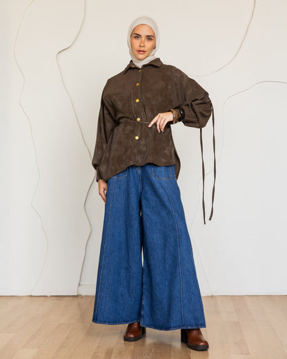 SUEDE EFFECT LEATHER SHIRT - BROWN