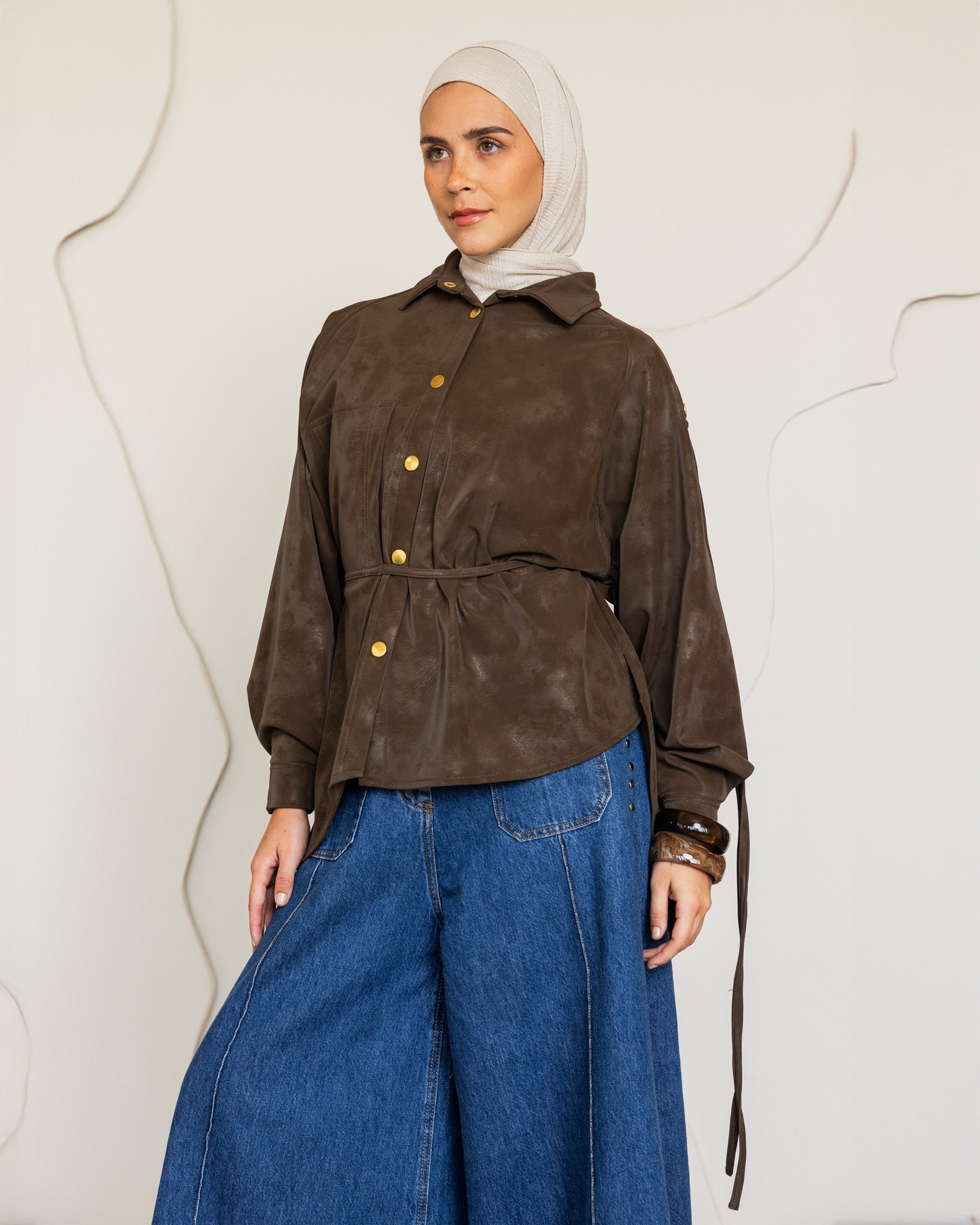 SUEDE EFFECT LEATHER SHIRT - BROWN