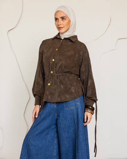 SUEDE EFFECT LEATHER SHIRT - BROWN