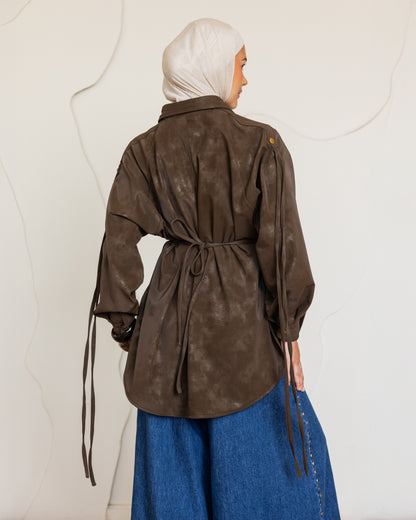 SUEDE EFFECT LEATHER SHIRT - BROWN