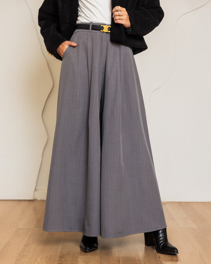 CLASSIC-STRIPPED WIDE LEG PANTS-GRAY
