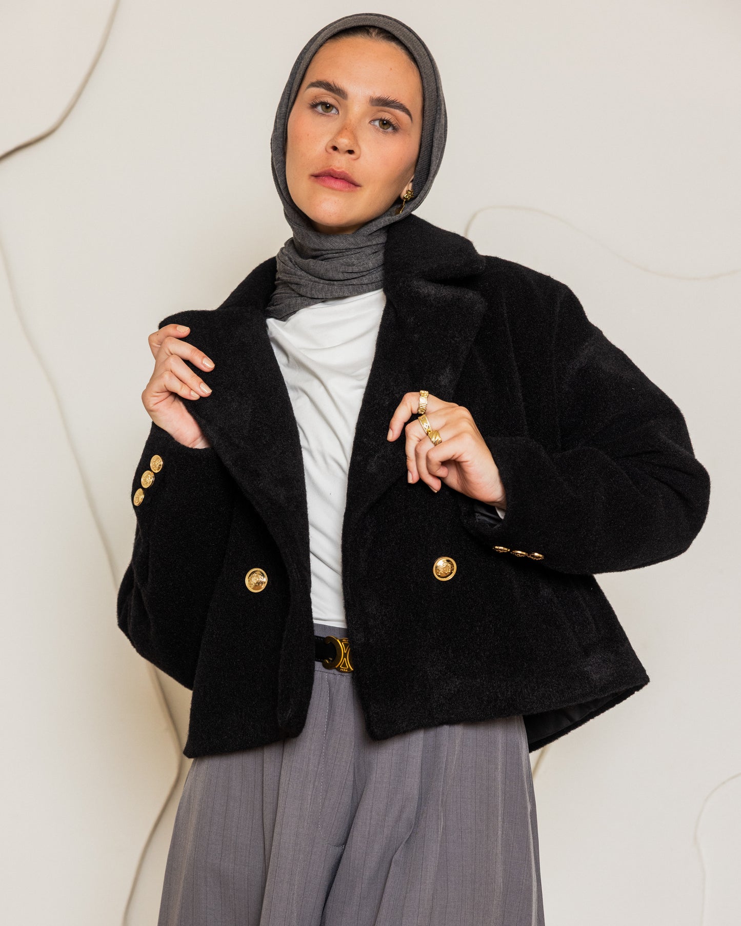 WOOL BLEND CROPPED COAT - BLACK