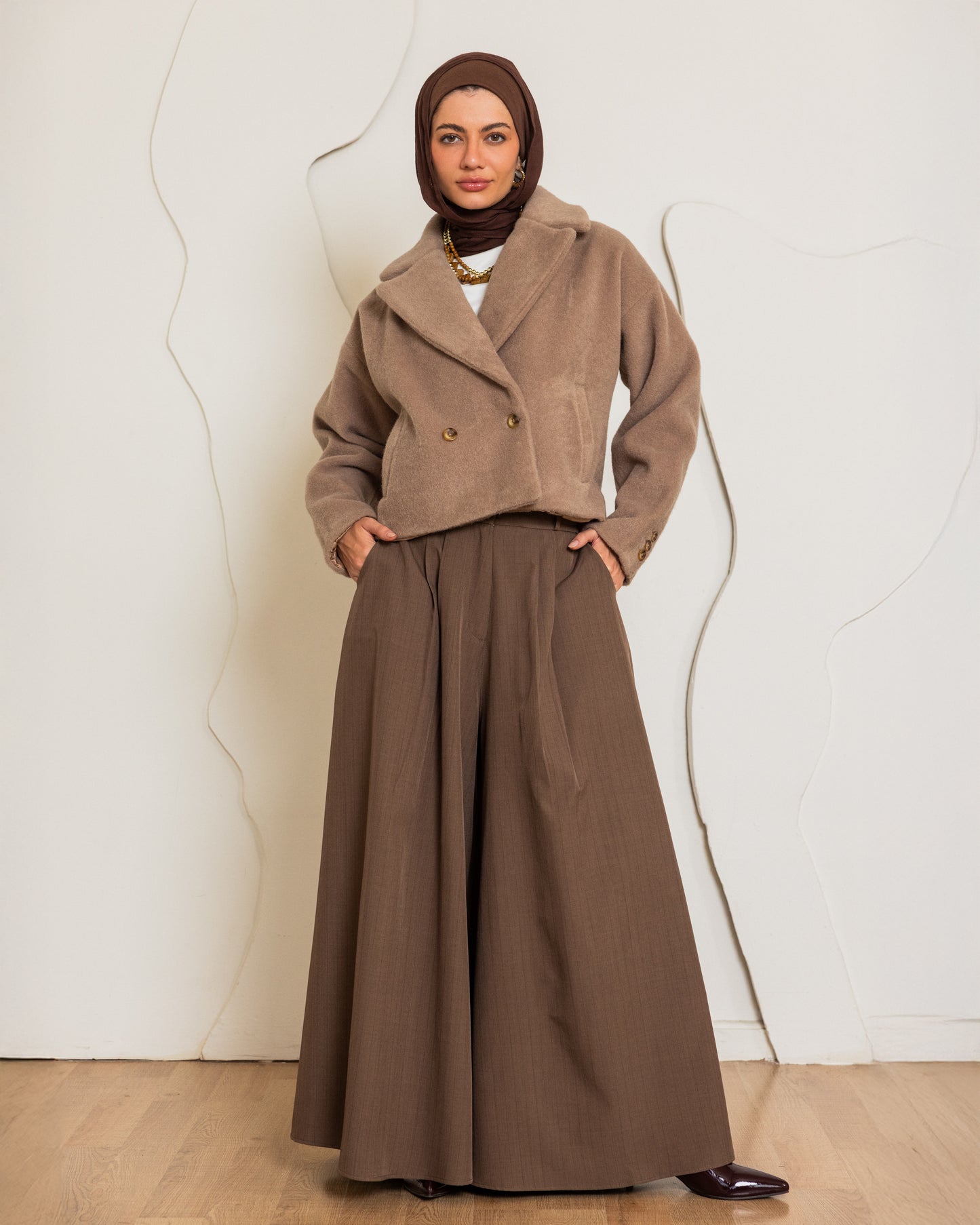 WOOL BLEND CROPPED COAT - CAFE