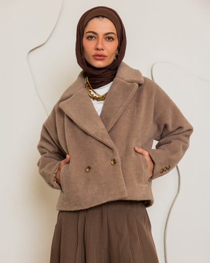 WOOL BLEND CROPPED COAT - CAFE