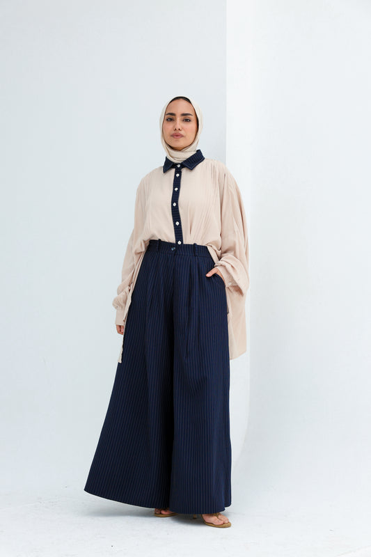 STRIPPED WIDE LEG PANTS -NAVY BLUE