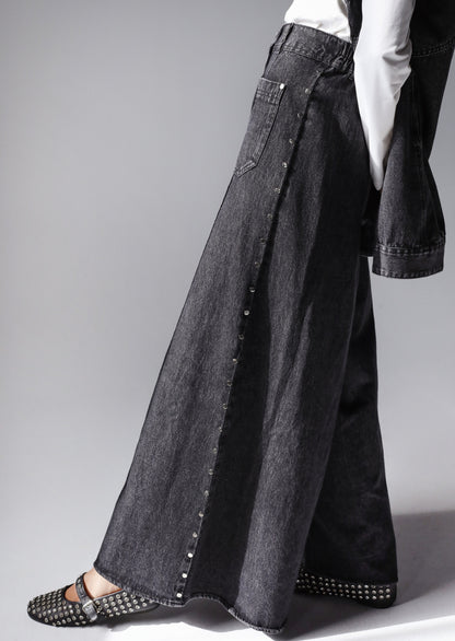 STUDDED LOOSE FIT DENIM PANTS - BLACK