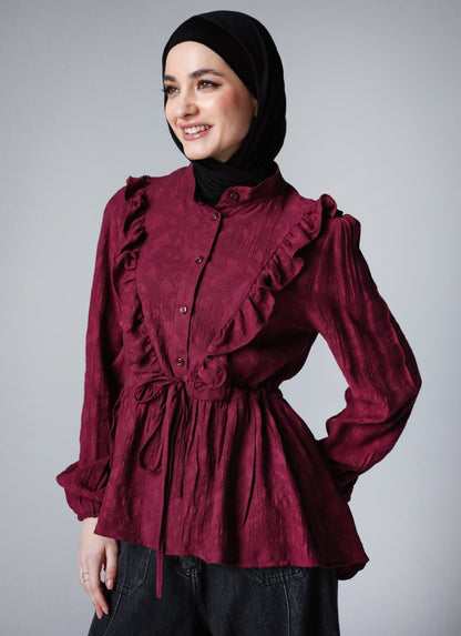 RUFFLE HIGH LOW BLOUSE - BURGANDY