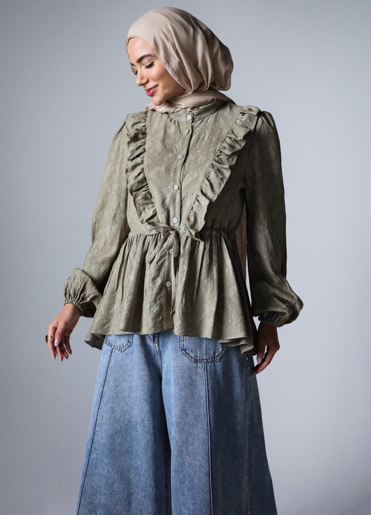 RUFFLE HIGH LOW BLOUSE - OLIVE