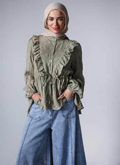 RUFFLE HIGH LOW BLOUSE - OLIVE