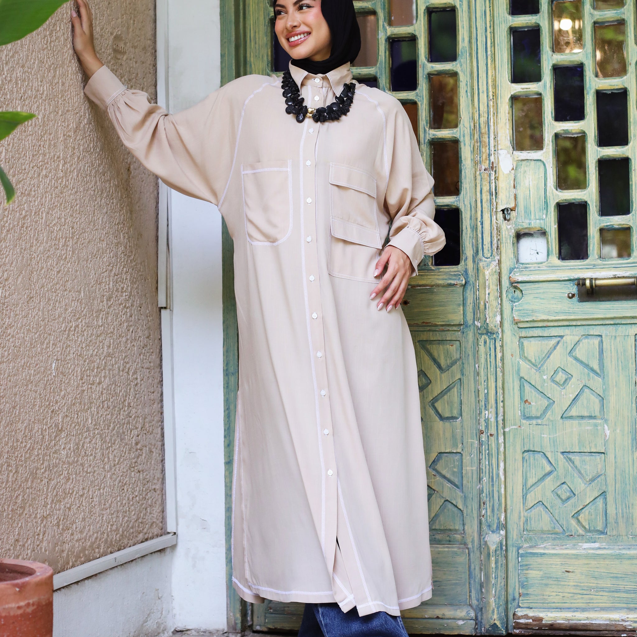 LONG COTTON SHIRT-BEIGE
