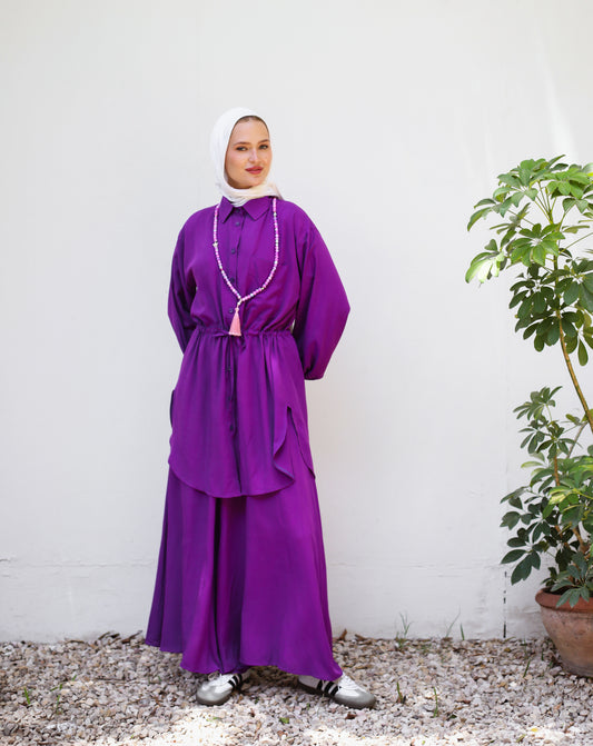 PLAIN LINEN PANTS SET-PURPLE