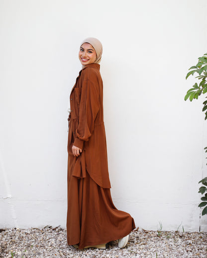 PLAIN LINEN SKIRT SET-BROWN