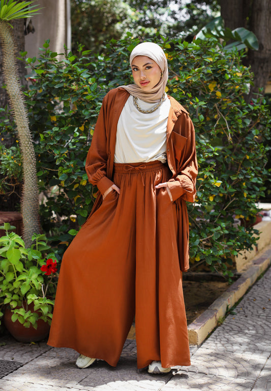 PLAIN LINEN PANTS SET-BROWN