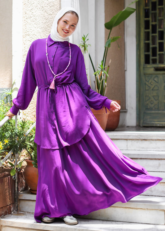 PLAIN LINEN SKIRT SET-PURPLE